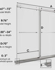 72 x 76 brushed nickel shower doors frameless dimension chart showing model width, height, and walk-in measurements | Ace Decor
