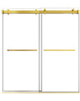 72 x 76 gold shower door sliding with frameless double glass panels and brushed gold hardware | Ace Decor