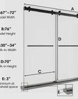 Dimension diagram of 72 x 76 matte black sliding shower door showing model width, height, and walk-in measurements for installation reference | Ace Decor