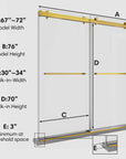 72 x 76 gold shower door sliding size chart showing model width, height, and walk-in dimensions with clear glass panels | Ace Decor