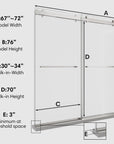 Dimension diagram of 72 x 76 chrome frameless shower door sliding design showing model width, height, and walk-in measurements for installation reference | Ace Decor