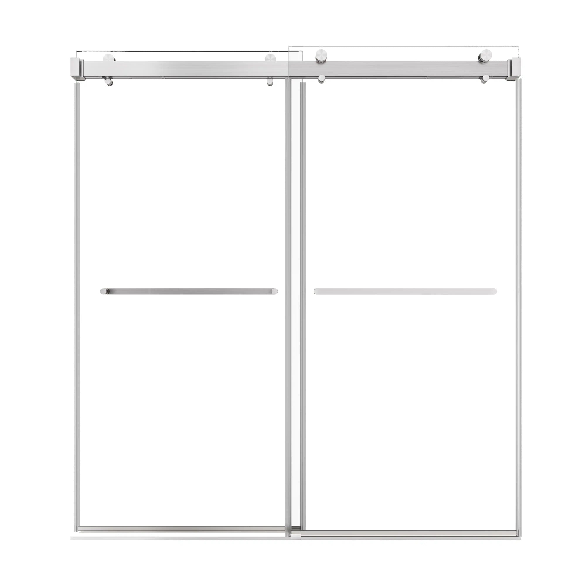 72 x 76 brushed nickel shower doors frameless design with dual glass panels and minimalist towel bar handles | Ace Decor