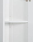 Adjustable shelf detail of white tower bathroom cabinet, flexible height options for customized storage.