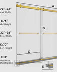 Dimension diagram of 76 x 76 double sliding shower door showing model width, height, and walk-in measurements | Ace Decor