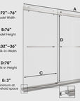 Dimension diagram of 76 x 76 chrome sliding shower doors for walk-in shower showing model width, height, and walk-in measurements for installation reference | Ace Decor