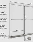 76 x 76 brushed nickel buy frameless shower doors dimension chart showing model width, height, and walk-in space | Ace Decor