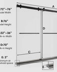 Dimension diagram of 76 x 76 frameless double sliding shower door showing width, height, and walk-in measurements for installation reference | Ace Decor