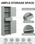 Norrin 67.3 inch grey bathroom storage cabinet with ample storage space including adjustable shelves, one drawer and cabinet with door.