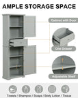 Norrin 67.3 inch grey bathroom storage cabinet with ample storage space including adjustable shelves, one drawer and cabinet with door.