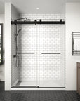 60 x 76 matte black sliding shower door front view in tiled bathroom | Ace Decor