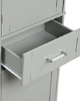 Grey Valmor 68.1 inch tall bathroom storage cabinet with open drawer detail.
