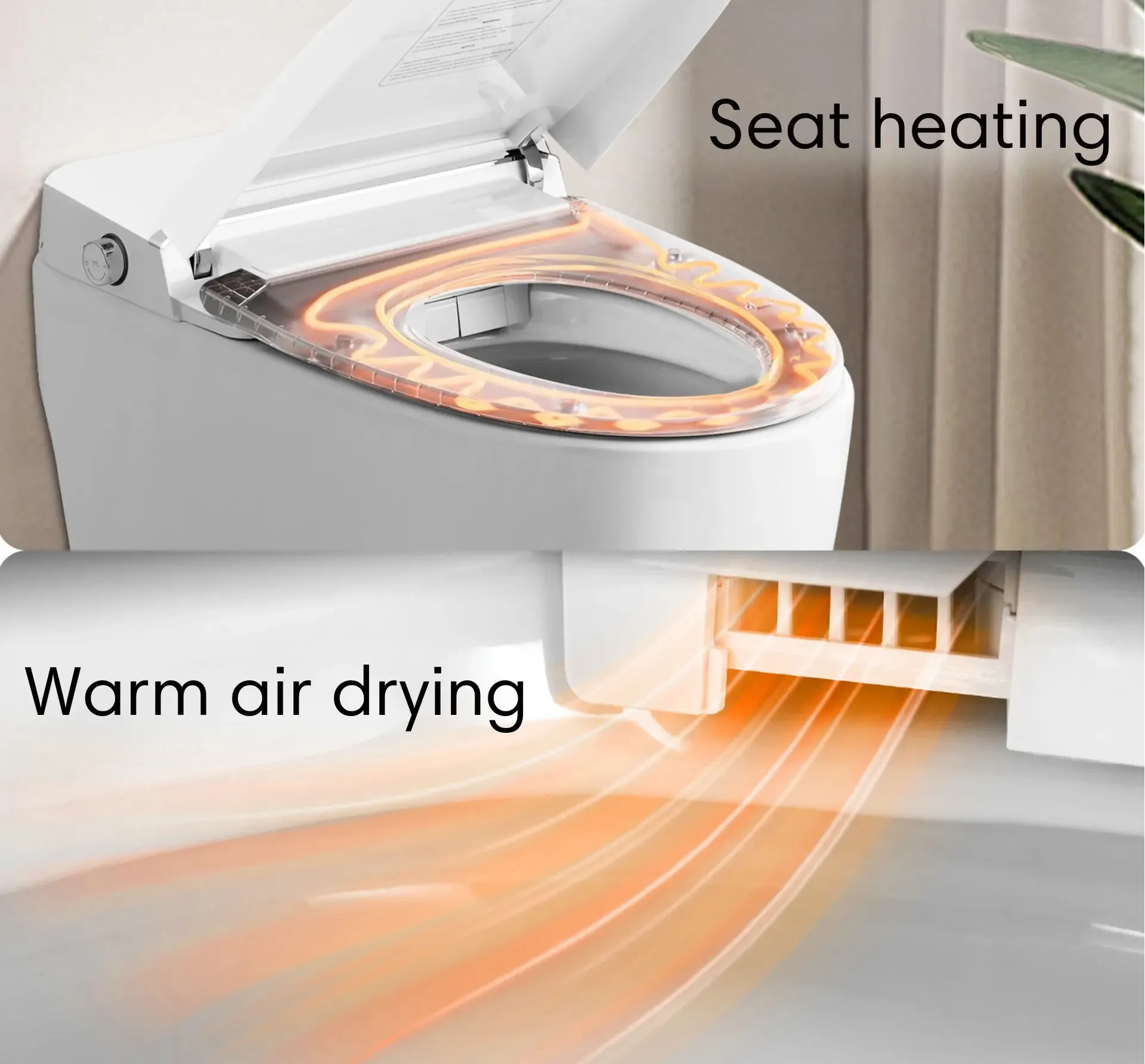 Heated seat and warm air drying of LUXOVA Smart Bidet Toilet – warm and comfortable.