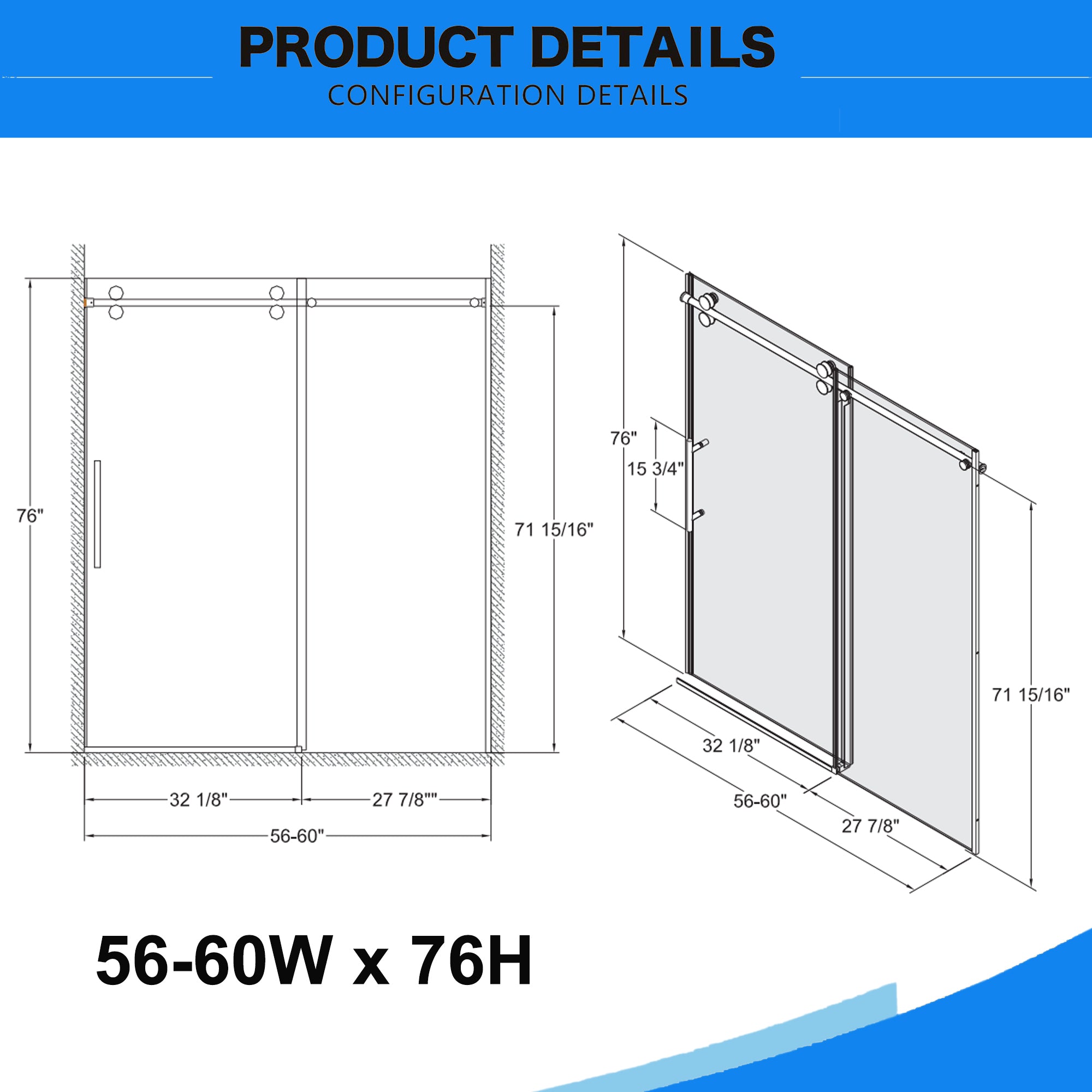 56"-60"W x 76"H Frameless Sliding Shower Door with 3/8" Tempered Glass color: Chrome
