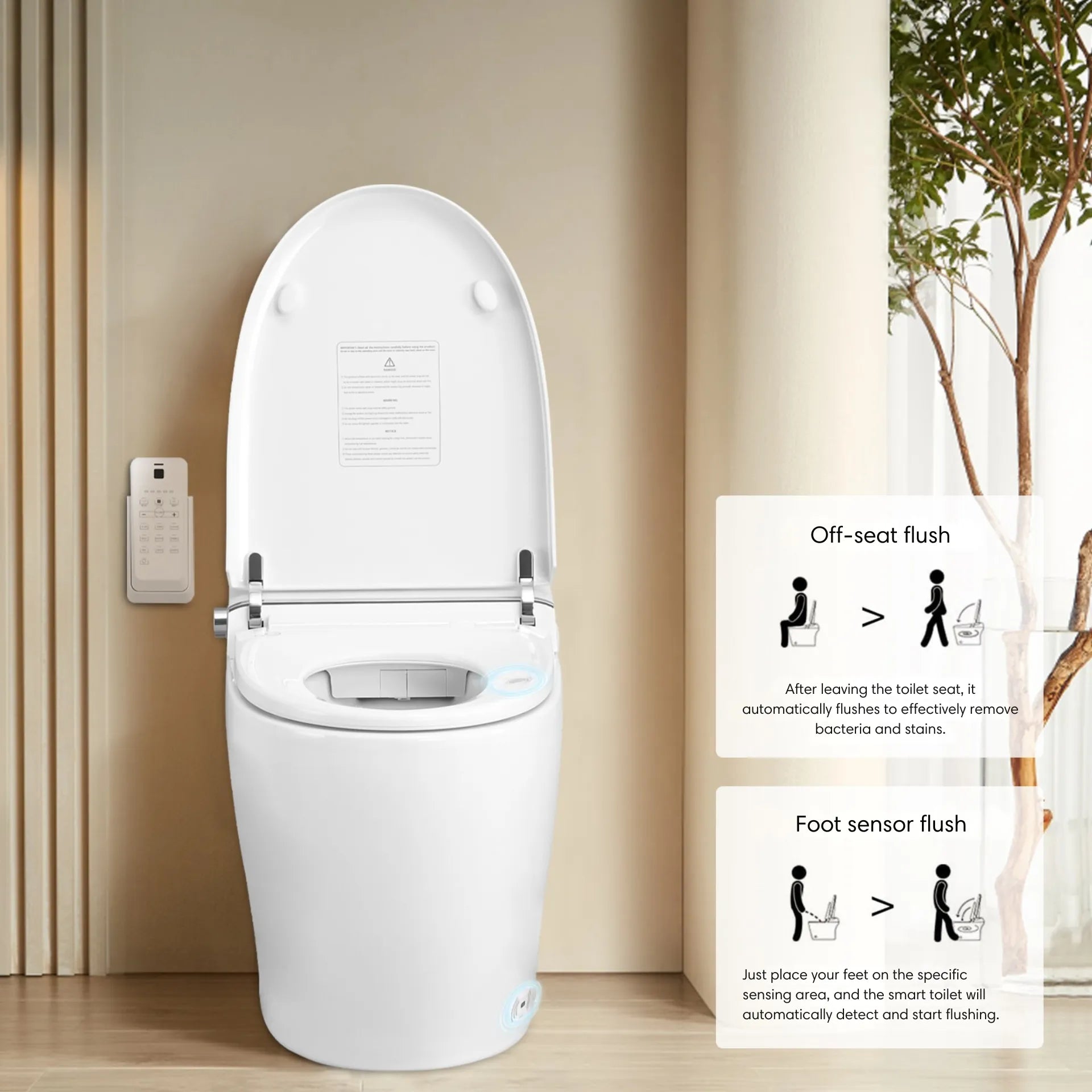 Off-seat auto flush and foot sensor flush of LUXOVA Smart Bidet Toilet.