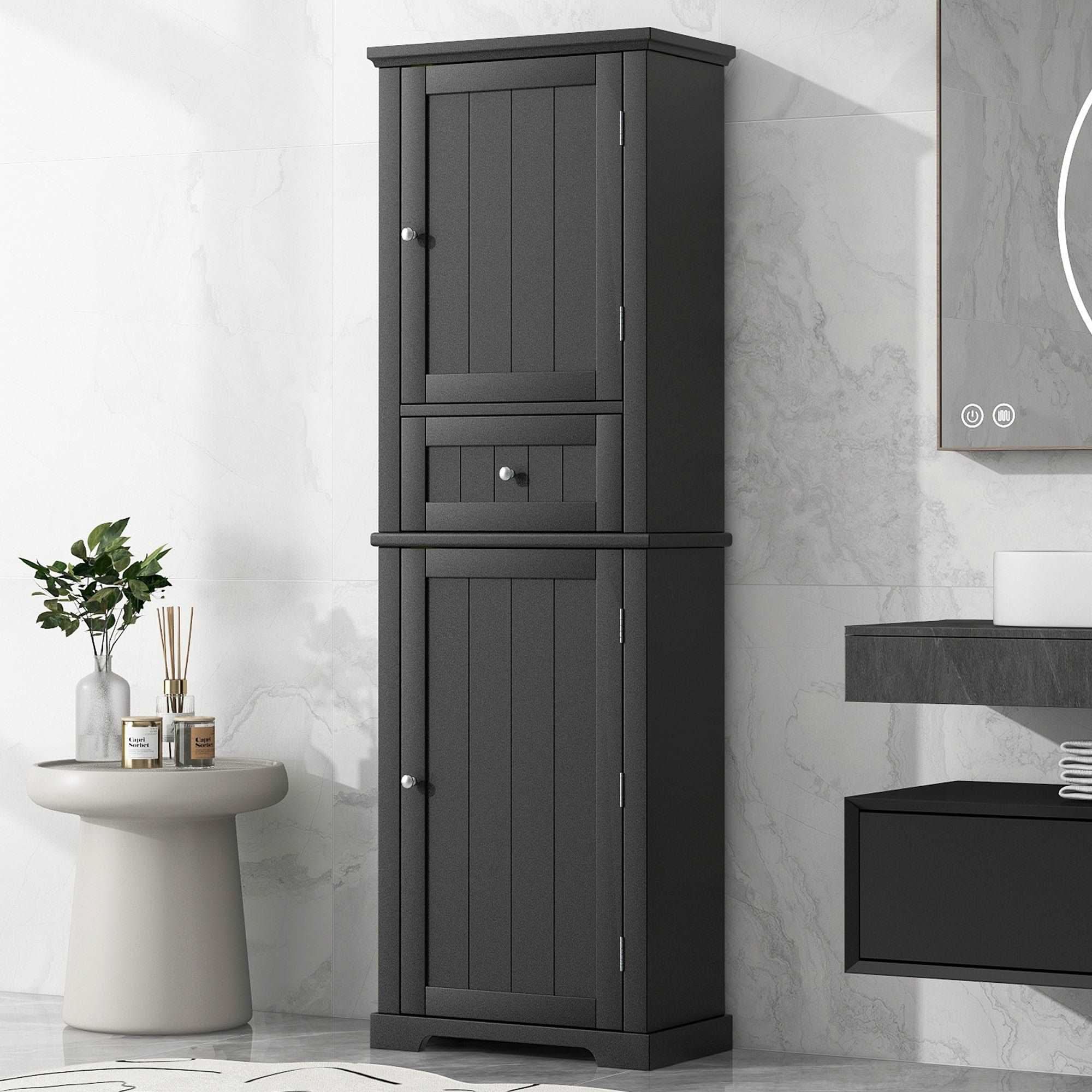 Norrin 67.3" Black Tall Narrow Bathroom Storage Cabinet with Drawer & Shelves in a modern bathroom