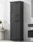 Norrin 67.3" Black Tall Narrow Bathroom Storage Cabinet with Drawer & Shelves in a modern bathroom