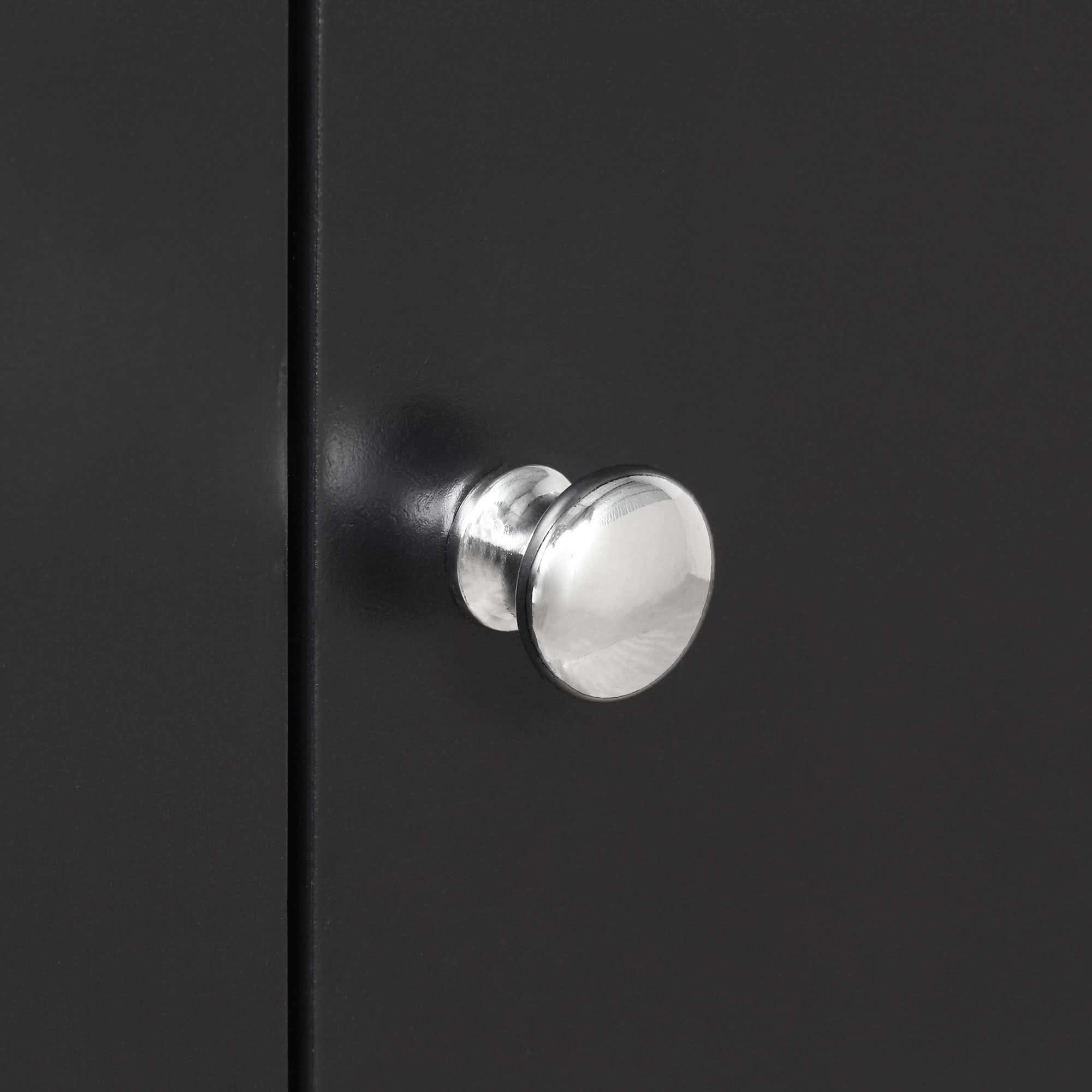 Metal door handle close-up on Norrin 67.3 inch black bathroom storage cabinet