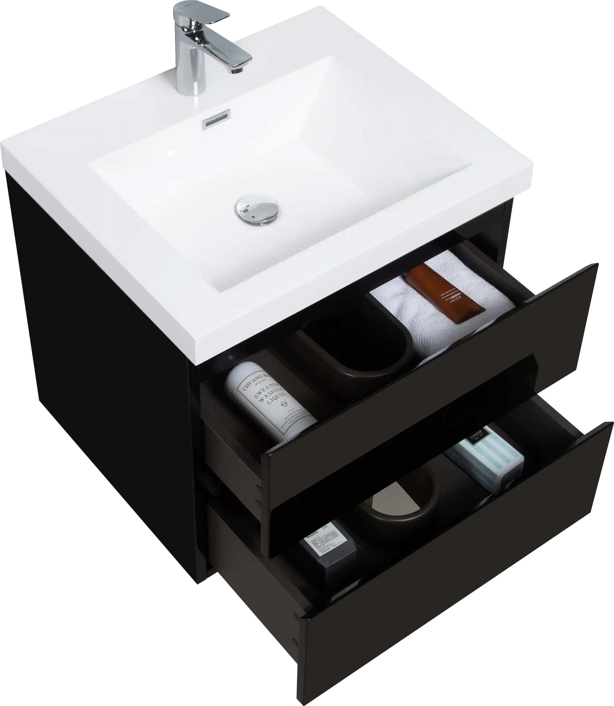 24-42 Inch Glossy Black Bathroom Floating Vanity with Resin Sink and 2 Soft-Close Drawers