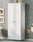 71.25-inch white tower bathroom cabinet in a modern bathroom with marble walls, bathtub, and vanity.