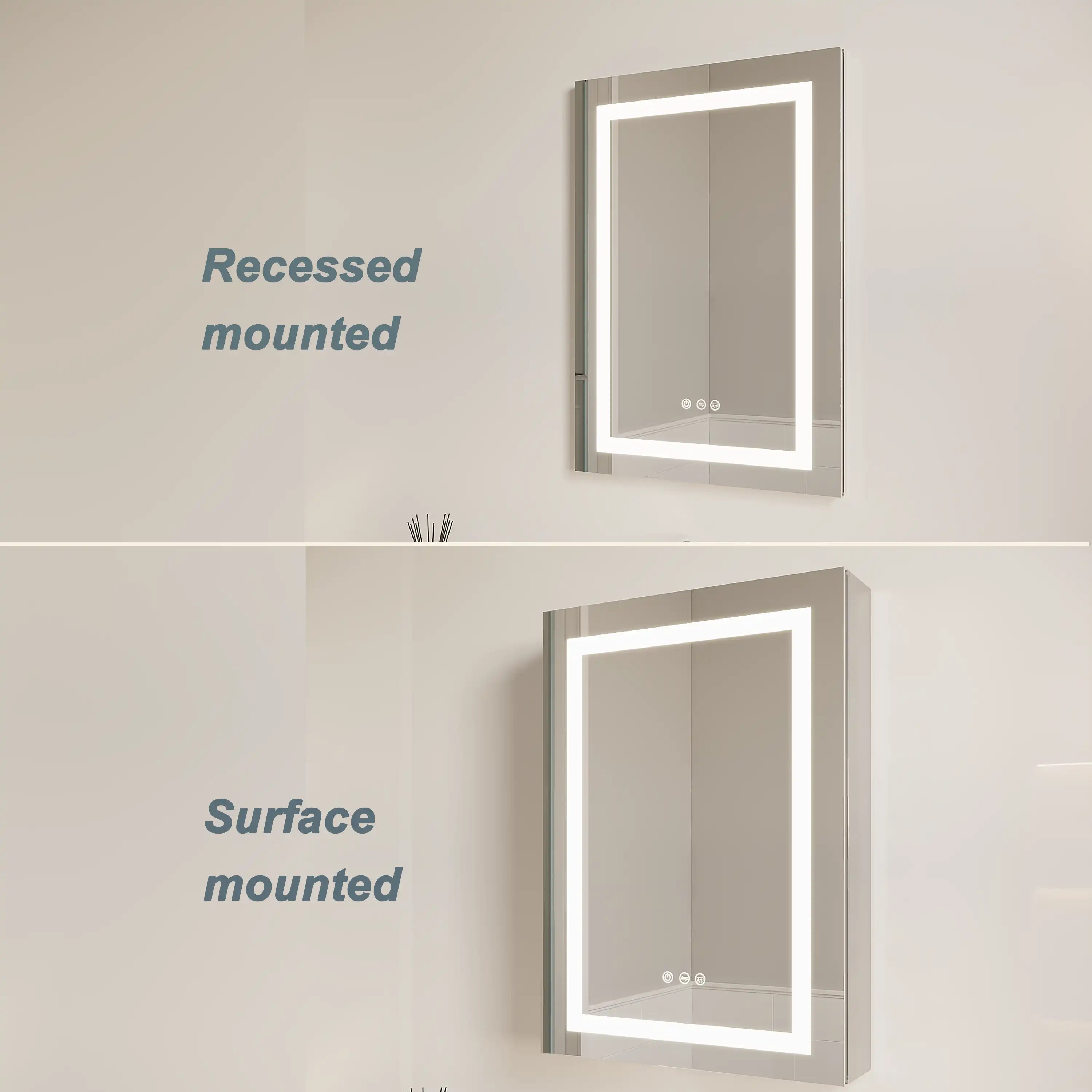 Hawley 26 inch LED light mirror bathroom cabinet installation options, recessed mounted and surface mounted.