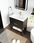 30" black vanity bathroom angled view with white integrated sink and compact storage | Ace Decor