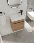 Side bathroom scene showing 18" wall mount bathroom sink vanity installed beside wall-mounted toilet | Ace Decor