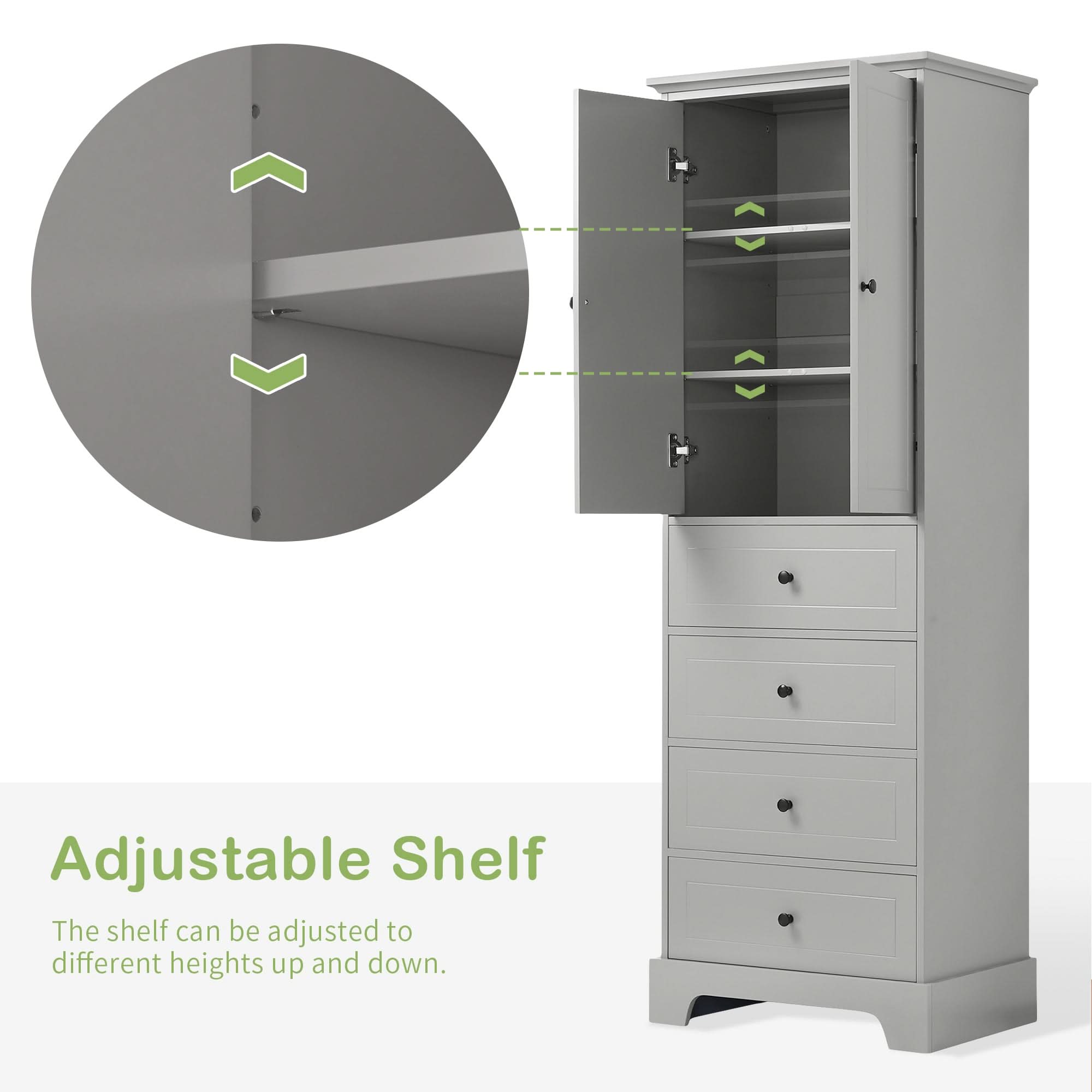 Flexible storage setup with the adjustable shelf on Grey 68” Bathroom Linen Cabinet.