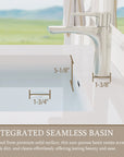 Double white solid surface sinks on a black wall-mounted bathroom vanity.