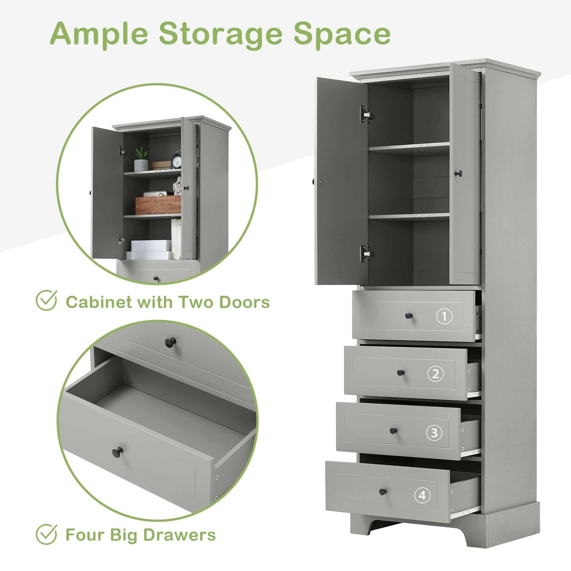 68” Bathroom Linen Cabinet with adjustable shelves & 4 big drawers, ample storage space.