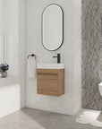 Styled bathroom scene featuring 18" wall mount bathroom sink vanity in imitative oak finish | Ace Decor
