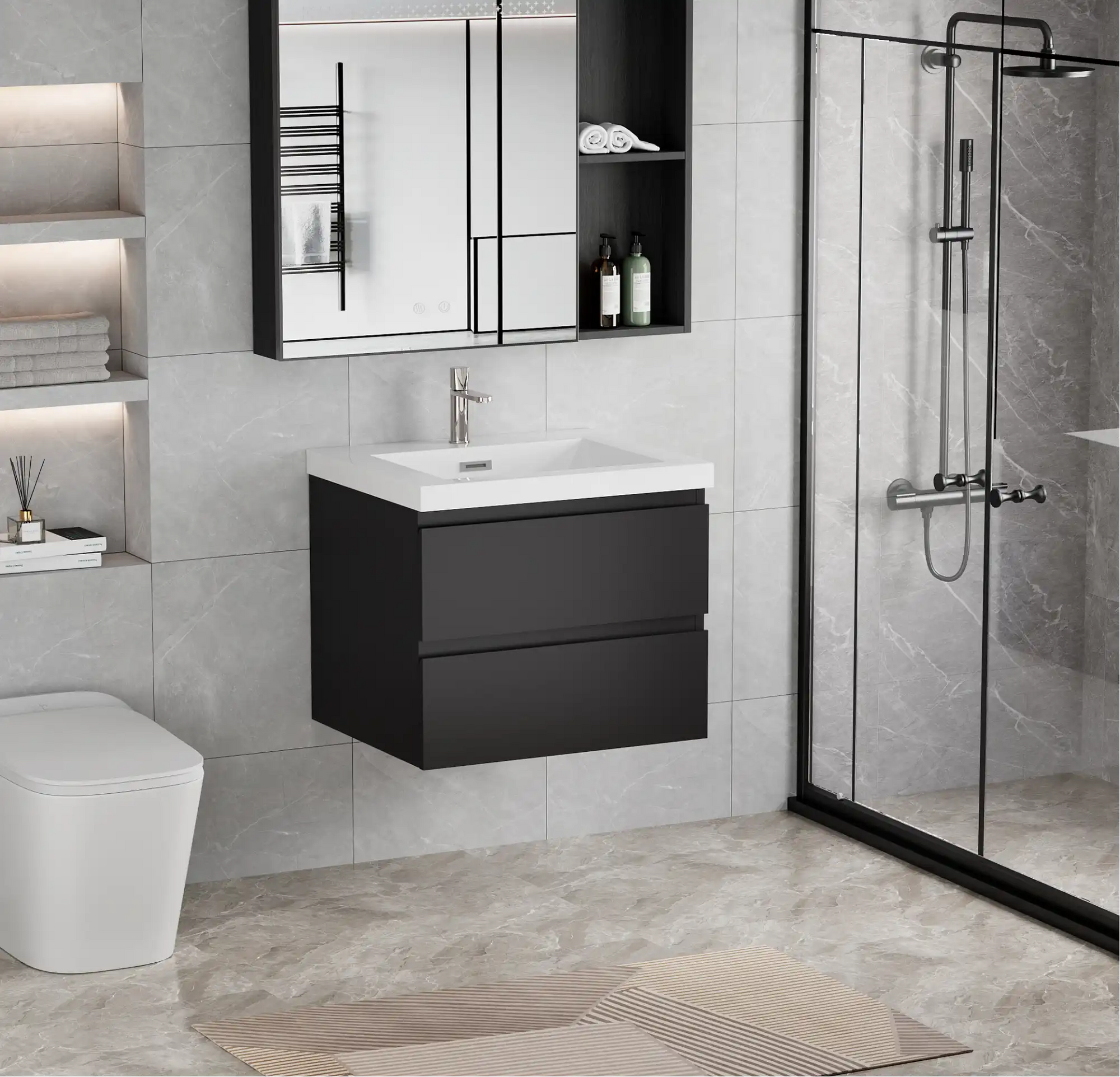 24-42 Inch Glossy Black Bathroom Floating Vanity with Resin Sink and 2 Soft-Close Drawers