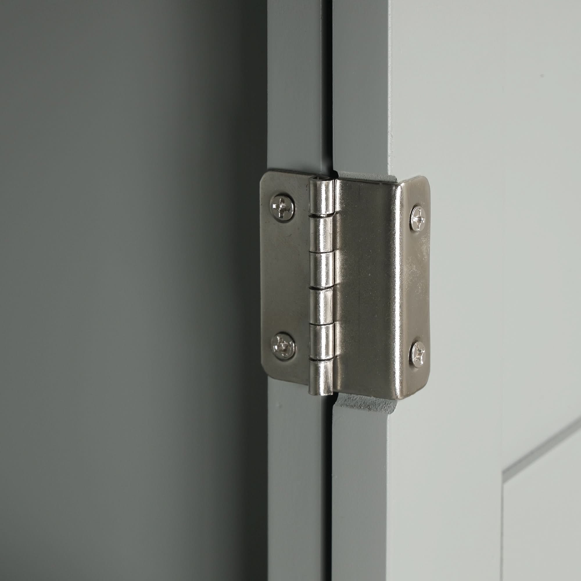Stainless steel hinge in Norrin 67.3 inch grey tall narrow bathroom storage cabinet.