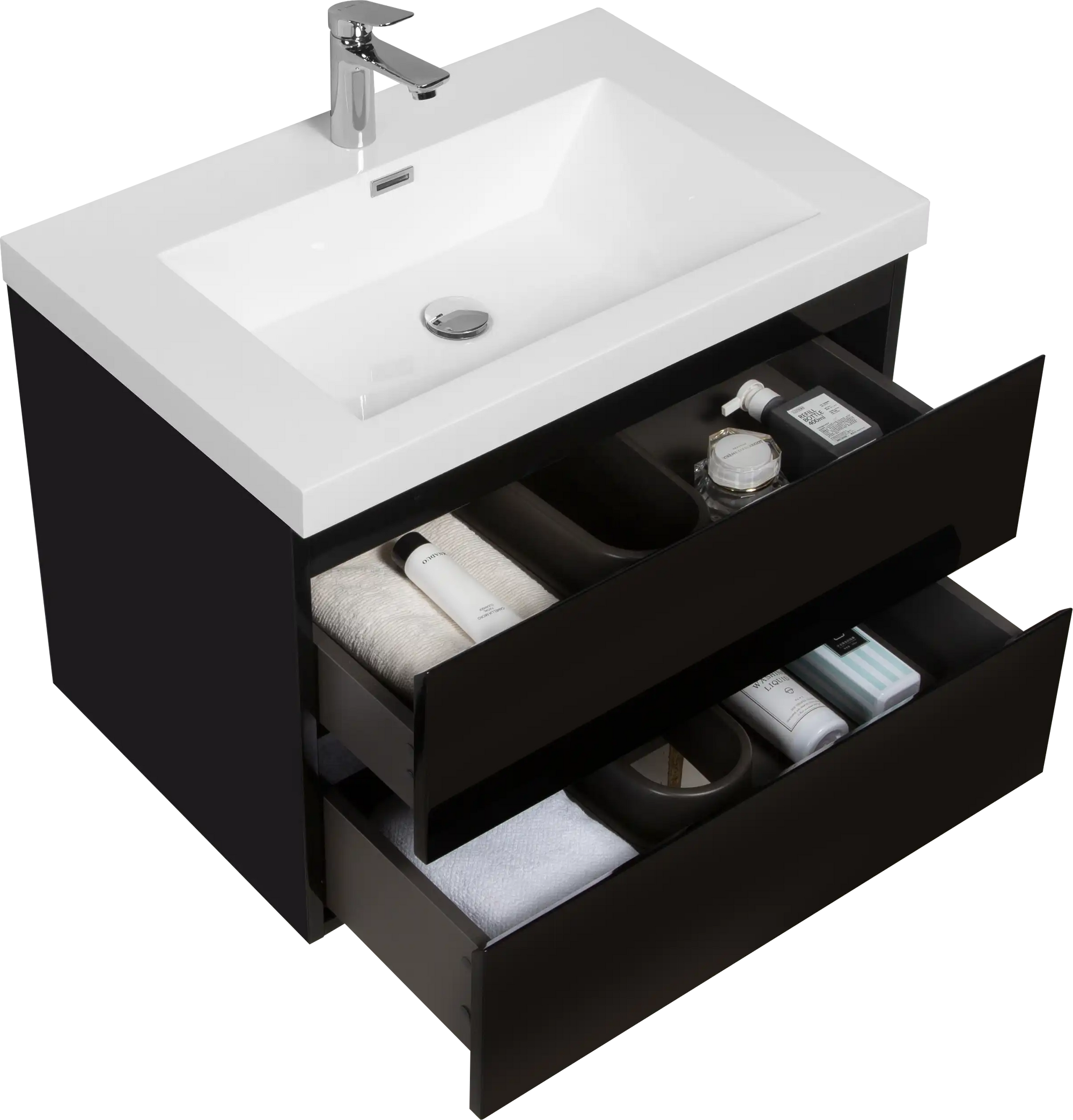 24-42 Inch Glossy Black Bathroom Floating Vanity with Resin Sink and 2 Soft-Close Drawers