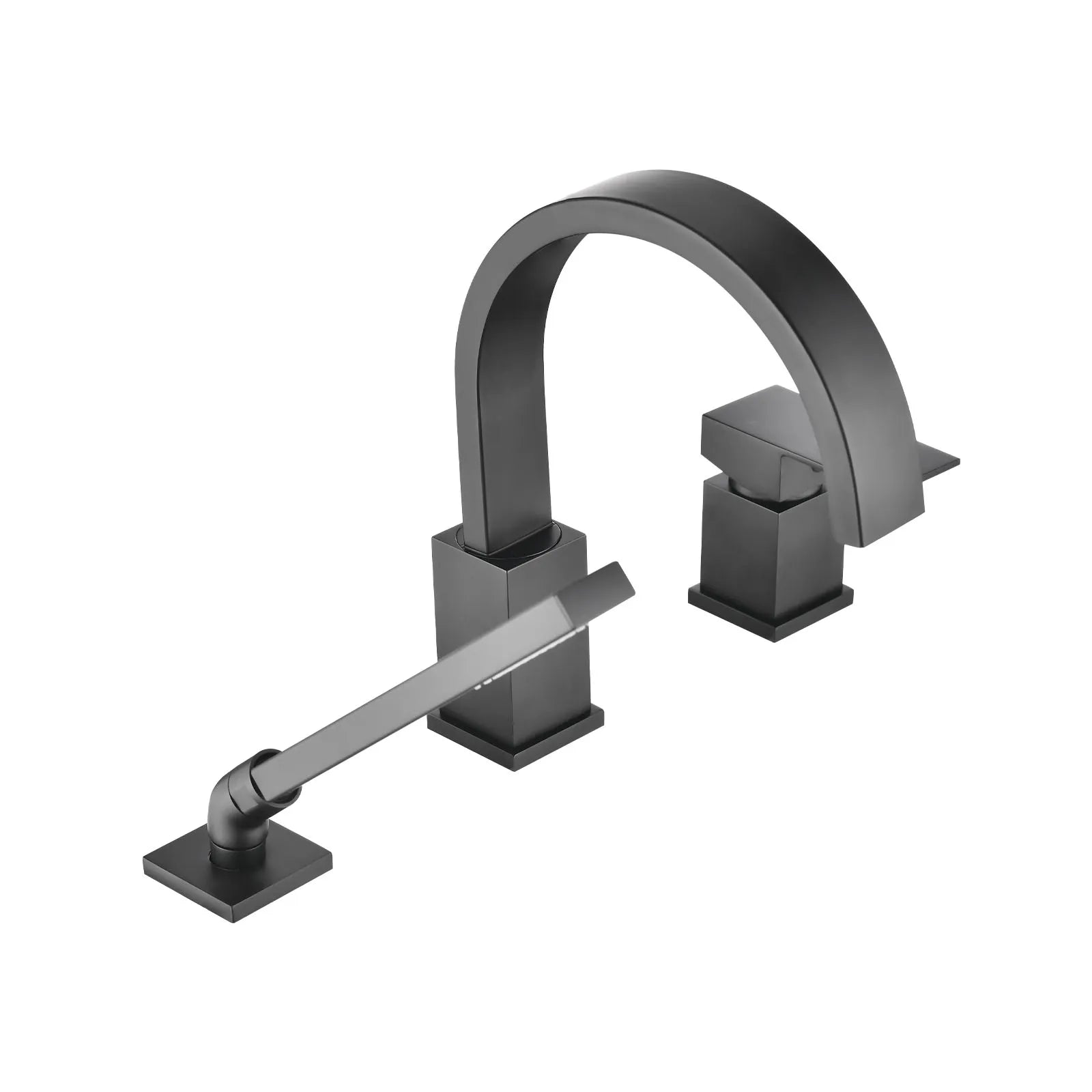 FLUNIX Matte Black Brass Waterfall Roman Deck Mounted Tub Faucet Set with Hand Shower.