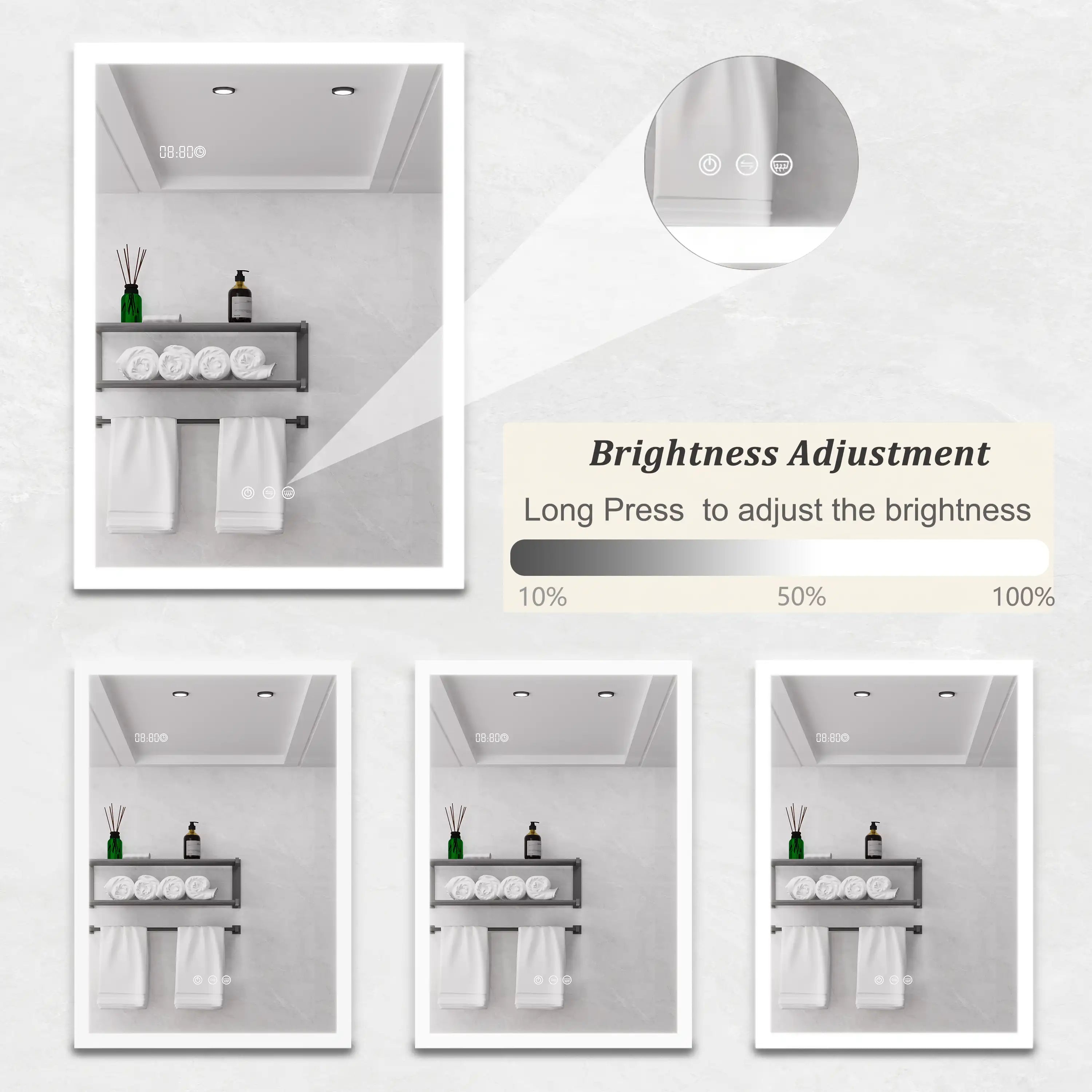 Calvante 28 inch LED mirror cabinet with adjustable LED lighting, from 10% to 100% brightness adjustment.