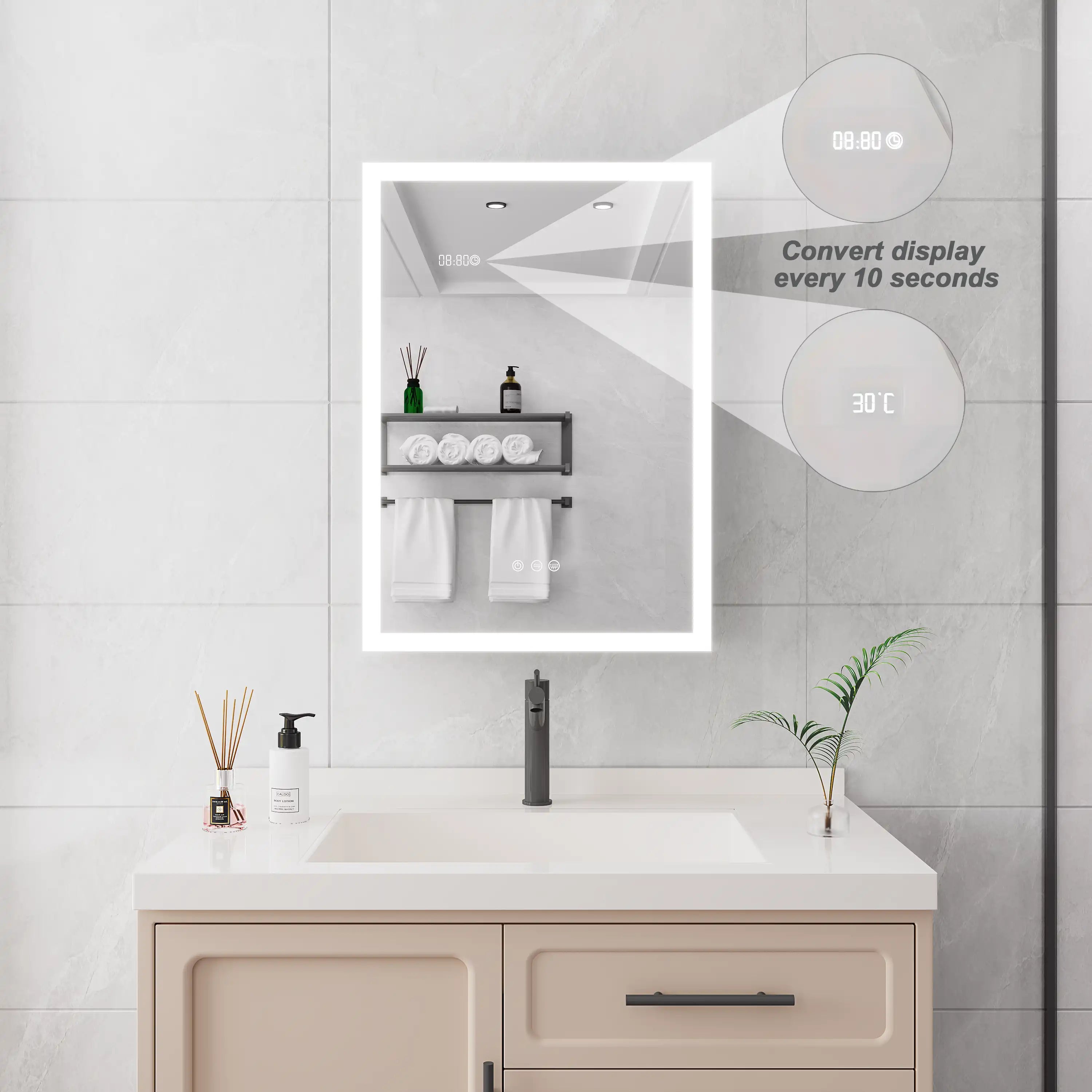 Calvante 28 inch LED mirror cabinet with time and temperature display.