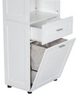 69.92” White Tall Bathroom Linen Cabinet with Open Shelves, Drawers & Laundry Basket