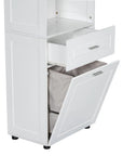Close-up of white tall bathroom linen cabinet with drawer and bottom laundry basket both open, showing dual storage options.