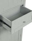 Open drawer and cabinet showing interior storage space inside this Norrin tall grey bathroom cabinet.