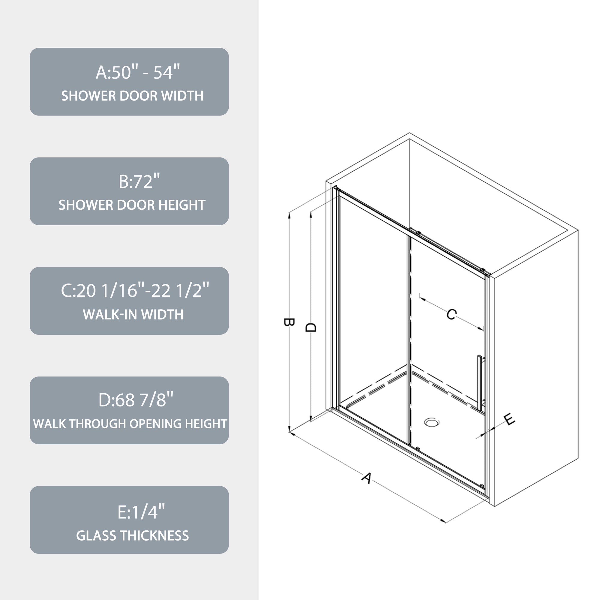 Brivio Series 54" x 72" Chrome Framed Single Sliding Shower Door - Magnetic Seal, 6mm Tempered Glass