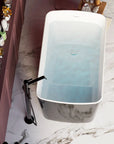 Aerial view of the Nectar Series 49x28 inch black acrylic square soaking tub with a black freestanding tub faucet.
