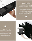 Black MDF bathroom vanity with soft-close drawers and hidden handles.