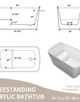 Nectar Series 49x28 inch white acrylic freestanding soaking tub dimensions diagram with front, side, and top views.