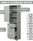 Grey Valmor 68.1 inch tall bathroom storage cabinet with two drawers and three shelves.