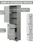 Grey Valmor 68.1 inch tall bathroom storage cabinet with two drawers and three shelves.