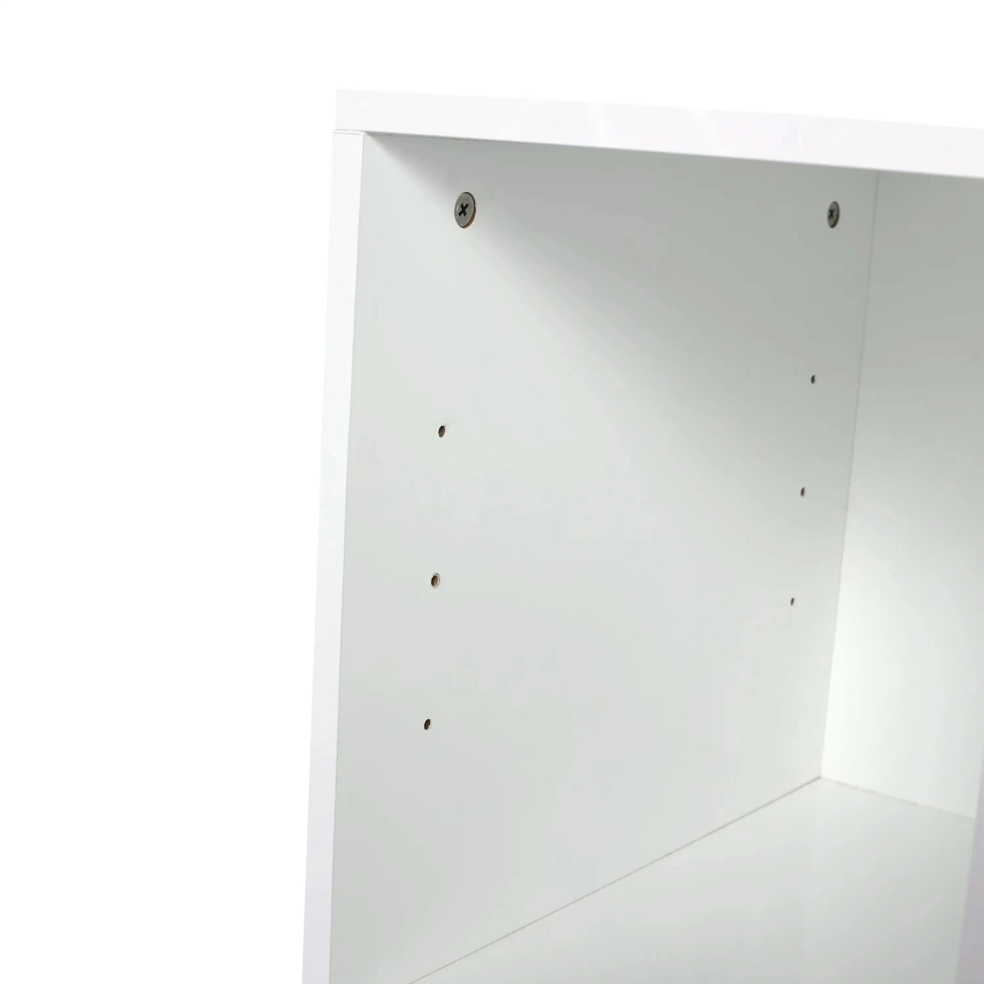 Detail close-up of 12 inch wall-mounted open storage cabinet showing construction