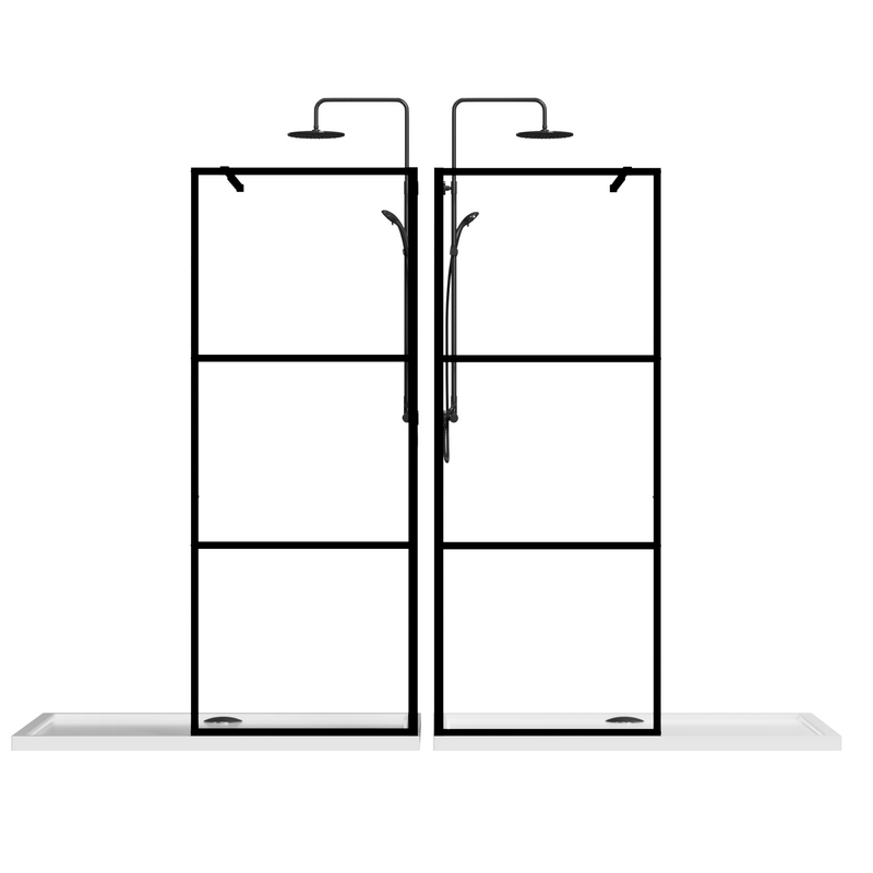 34" x 72" Glass Shower Door and Panel – Matte Black Framed Walk-In Screen with Stabilizer Bar & 3-Grid Design