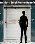 Stainless steel frame on frameless double sliding glass shower doors showing 70 to 76 inch height comparison | Ace Decor