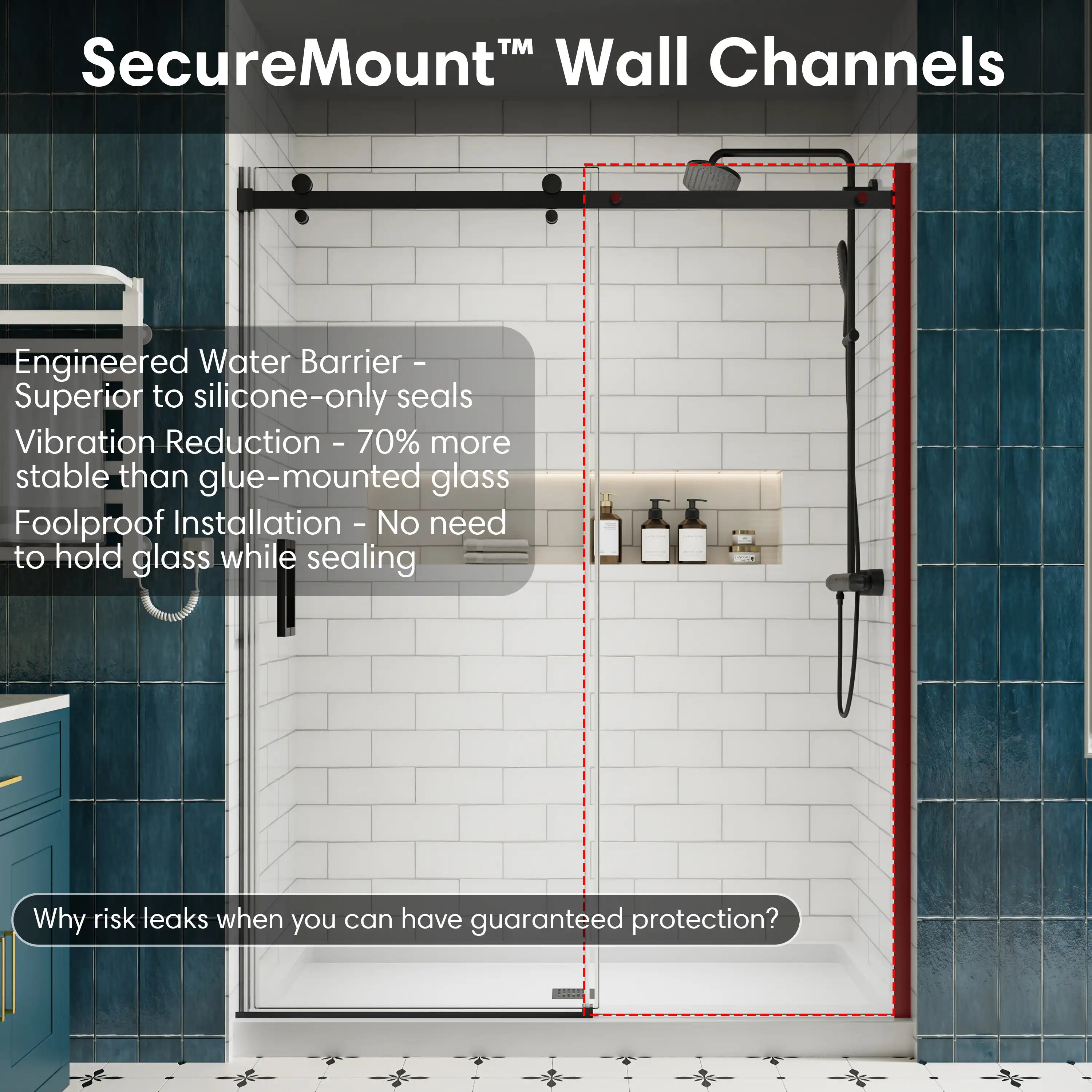 Frameless sliding shower screen, 48 x 74 inches, SecureMount wall channels for stable glass installation and leak protection | Ace Decor