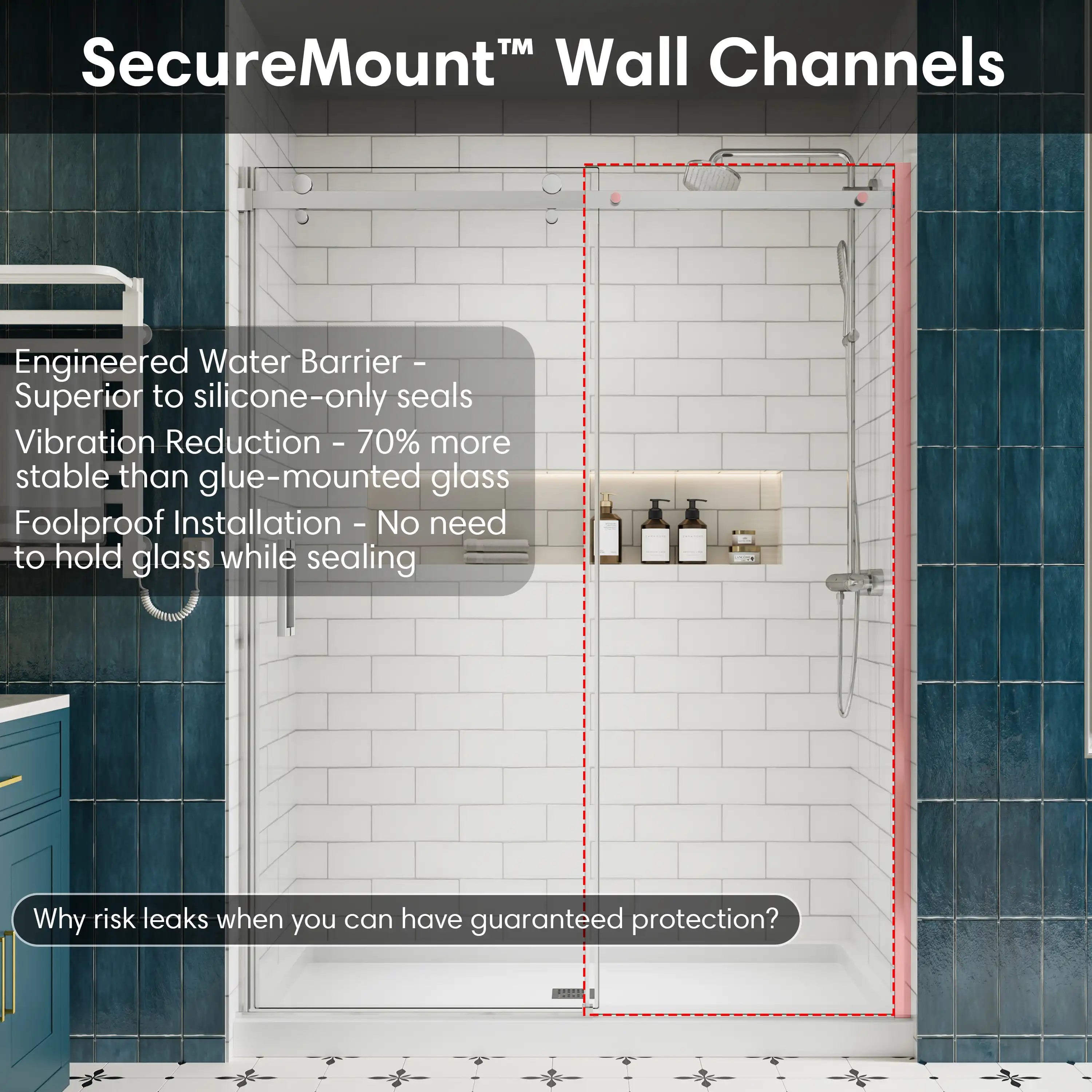 Shower door sliding frameless, size 60 x 74 inches, featuring SecureMount wall channels for stable glass support and enhanced waterproofing | Ace Decor